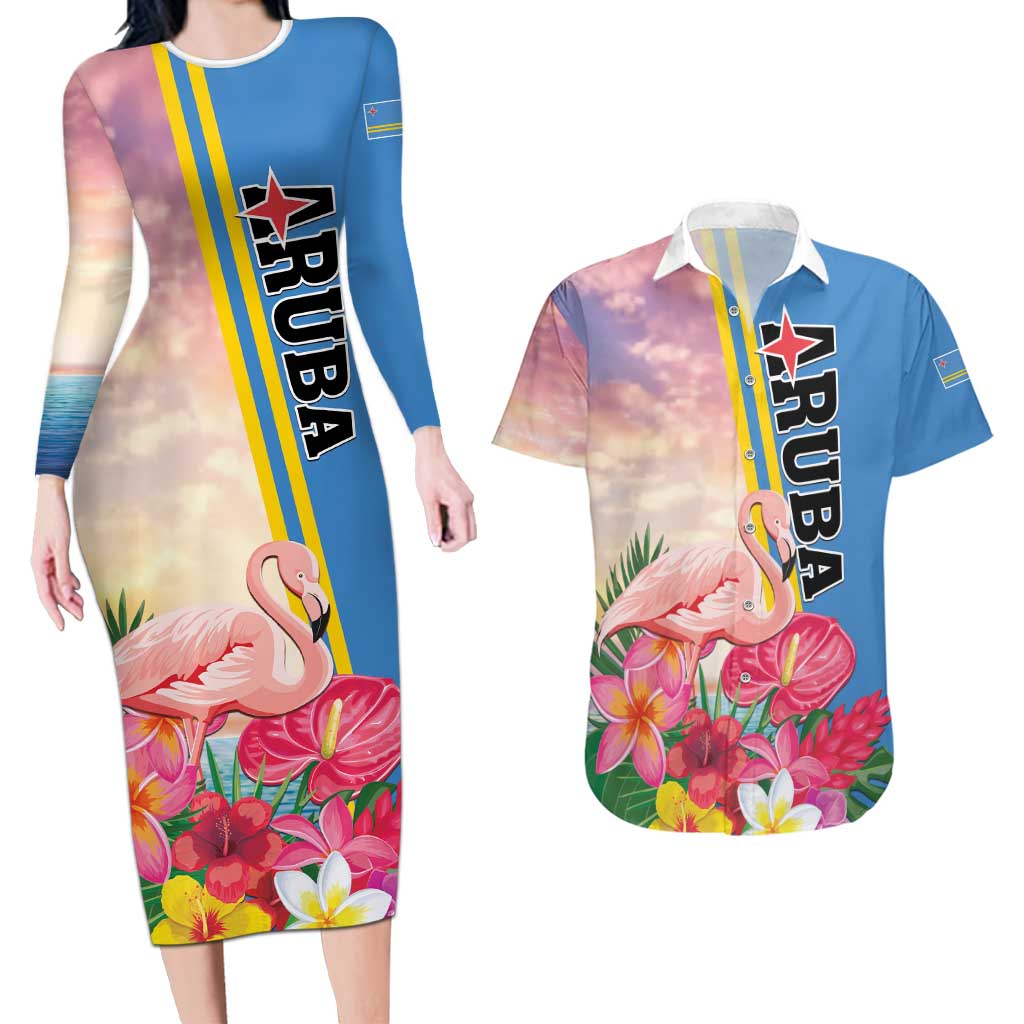 Personalised Aruba Flamingo Couples Matching Long Sleeve Bodycon Dress and Hawaiian Shirt Tropical Sunset Vibes