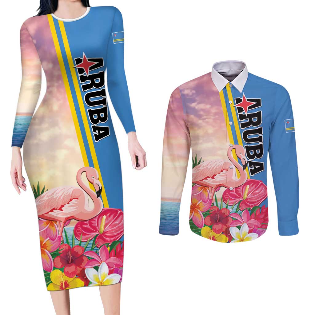 Personalised Aruba Flamingo Couples Matching Long Sleeve Bodycon Dress and Long Sleeve Button Shirt Tropical Sunset Vibes