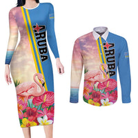 Personalised Aruba Flamingo Couples Matching Long Sleeve Bodycon Dress and Long Sleeve Button Shirt Tropical Sunset Vibes