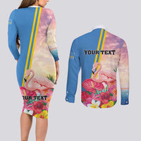 Personalised Aruba Flamingo Couples Matching Long Sleeve Bodycon Dress and Long Sleeve Button Shirt Tropical Sunset Vibes