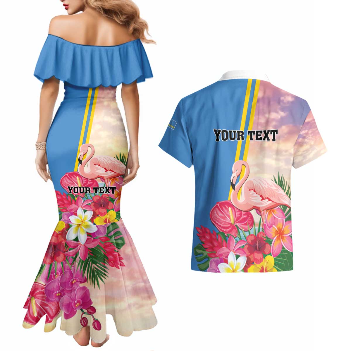 Personalised Aruba Flamingo Couples Matching Mermaid Dress and Hawaiian Shirt Tropical Sunset Vibes