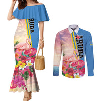 Personalised Aruba Flamingo Couples Matching Mermaid Dress and Long Sleeve Button Shirt Tropical Sunset Vibes