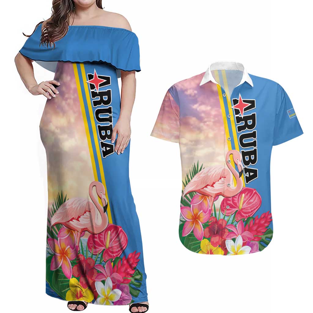 Personalised Aruba Flamingo Couples Matching Off Shoulder Maxi Dress and Hawaiian Shirt Tropical Sunset Vibes