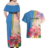 Personalised Aruba Flamingo Couples Matching Off Shoulder Maxi Dress and Hawaiian Shirt Tropical Sunset Vibes