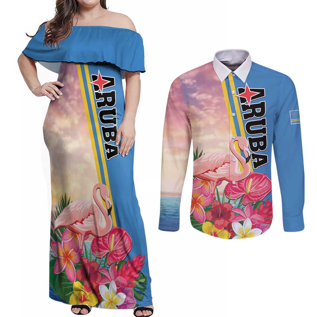 Personalised Aruba Flamingo Couples Matching Off Shoulder Maxi Dress and Long Sleeve Button Shirt Tropical Sunset Vibes
