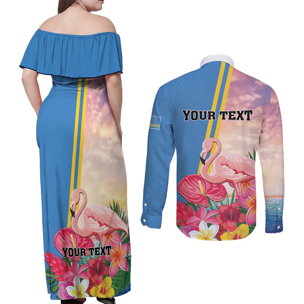 Personalised Aruba Flamingo Couples Matching Off Shoulder Maxi Dress and Long Sleeve Button Shirt Tropical Sunset Vibes