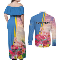 Personalised Aruba Flamingo Couples Matching Off Shoulder Maxi Dress and Long Sleeve Button Shirt Tropical Sunset Vibes