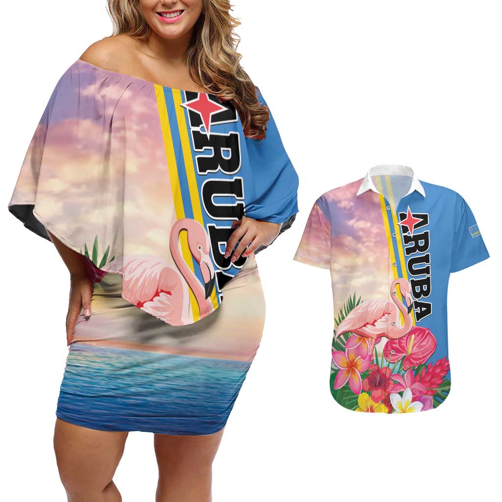 Personalised Aruba Flamingo Couples Matching Off Shoulder Short Dress and Hawaiian Shirt Tropical Sunset Vibes