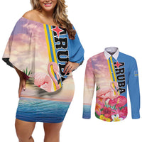 Personalised Aruba Flamingo Couples Matching Off Shoulder Short Dress and Long Sleeve Button Shirt Tropical Sunset Vibes