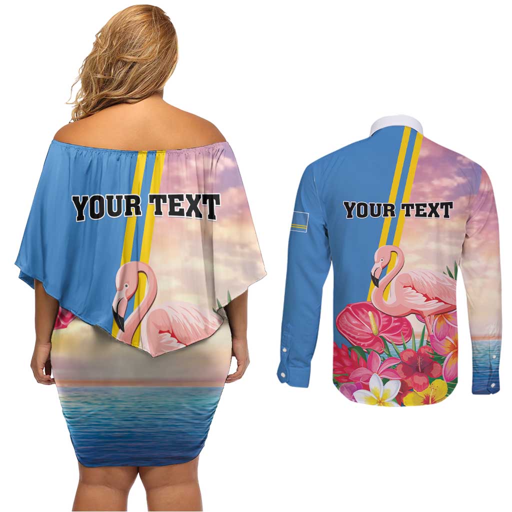 Personalised Aruba Flamingo Couples Matching Off Shoulder Short Dress and Long Sleeve Button Shirt Tropical Sunset Vibes