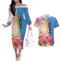Personalised Aruba Flamingo Couples Matching Off The Shoulder Long Sleeve Dress and Hawaiian Shirt Tropical Sunset Vibes