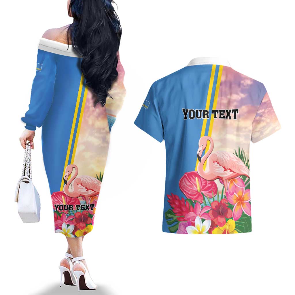 Personalised Aruba Flamingo Couples Matching Off The Shoulder Long Sleeve Dress and Hawaiian Shirt Tropical Sunset Vibes