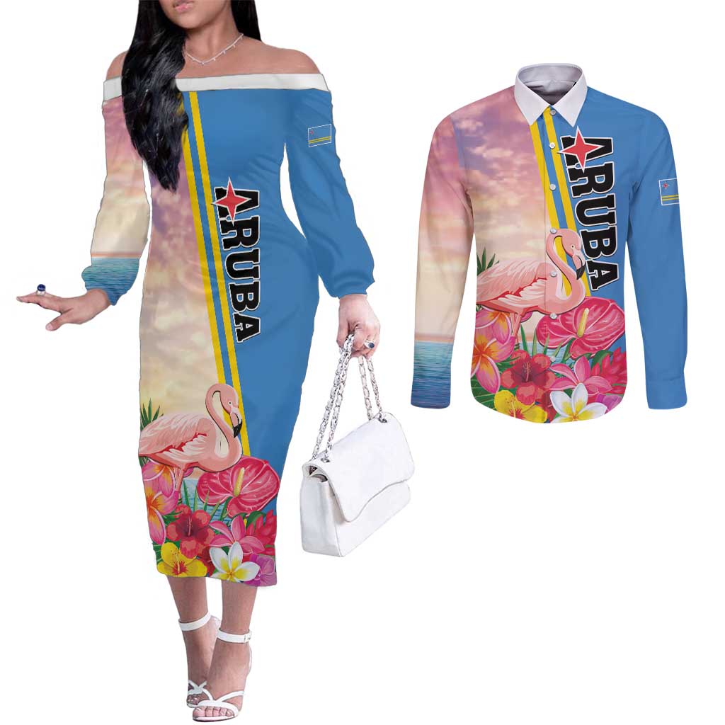 Personalised Aruba Flamingo Couples Matching Off The Shoulder Long Sleeve Dress and Long Sleeve Button Shirt Tropical Sunset Vibes