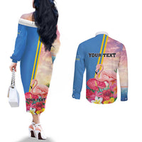 Personalised Aruba Flamingo Couples Matching Off The Shoulder Long Sleeve Dress and Long Sleeve Button Shirt Tropical Sunset Vibes