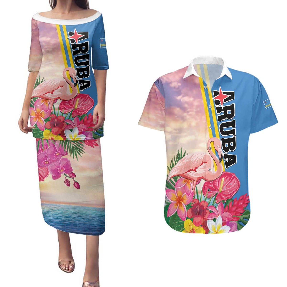 Personalised Aruba Flamingo Couples Matching Puletasi and Hawaiian Shirt Tropical Sunset Vibes