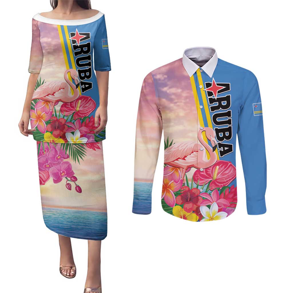 Personalised Aruba Flamingo Couples Matching Puletasi and Long Sleeve Button Shirt Tropical Sunset Vibes