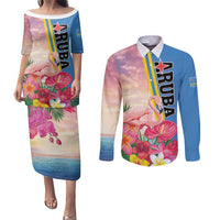 Personalised Aruba Flamingo Couples Matching Puletasi and Long Sleeve Button Shirt Tropical Sunset Vibes