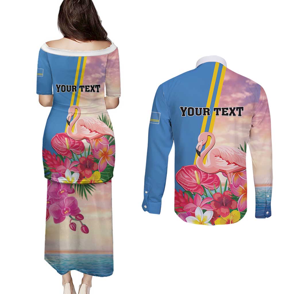 Personalised Aruba Flamingo Couples Matching Puletasi and Long Sleeve Button Shirt Tropical Sunset Vibes