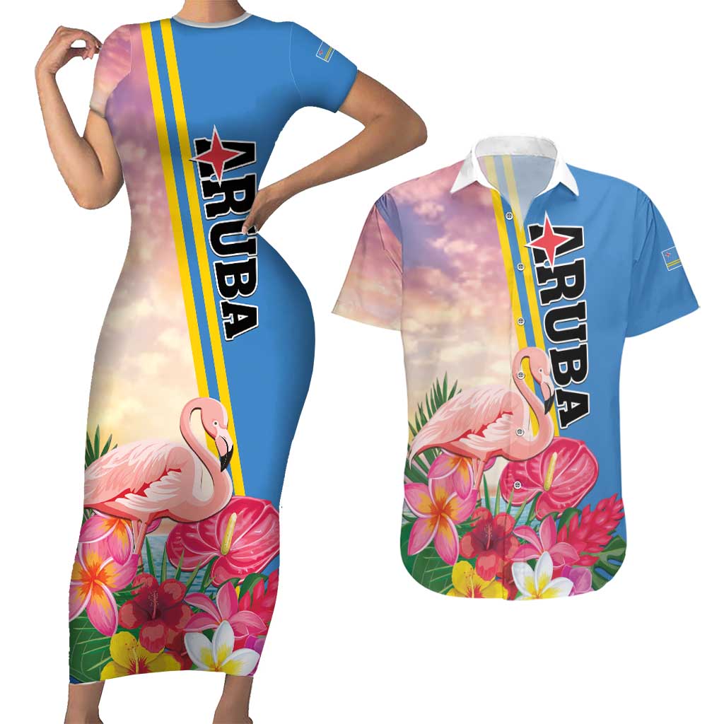 Personalised Aruba Flamingo Couples Matching Short Sleeve Bodycon Dress and Hawaiian Shirt Tropical Sunset Vibes