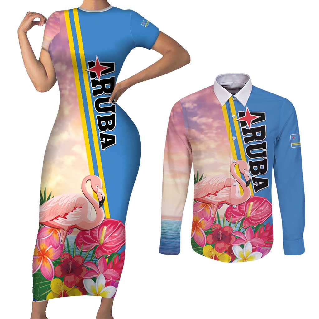 Personalised Aruba Flamingo Couples Matching Short Sleeve Bodycon Dress and Long Sleeve Button Shirt Tropical Sunset Vibes