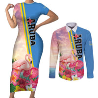 Personalised Aruba Flamingo Couples Matching Short Sleeve Bodycon Dress and Long Sleeve Button Shirt Tropical Sunset Vibes
