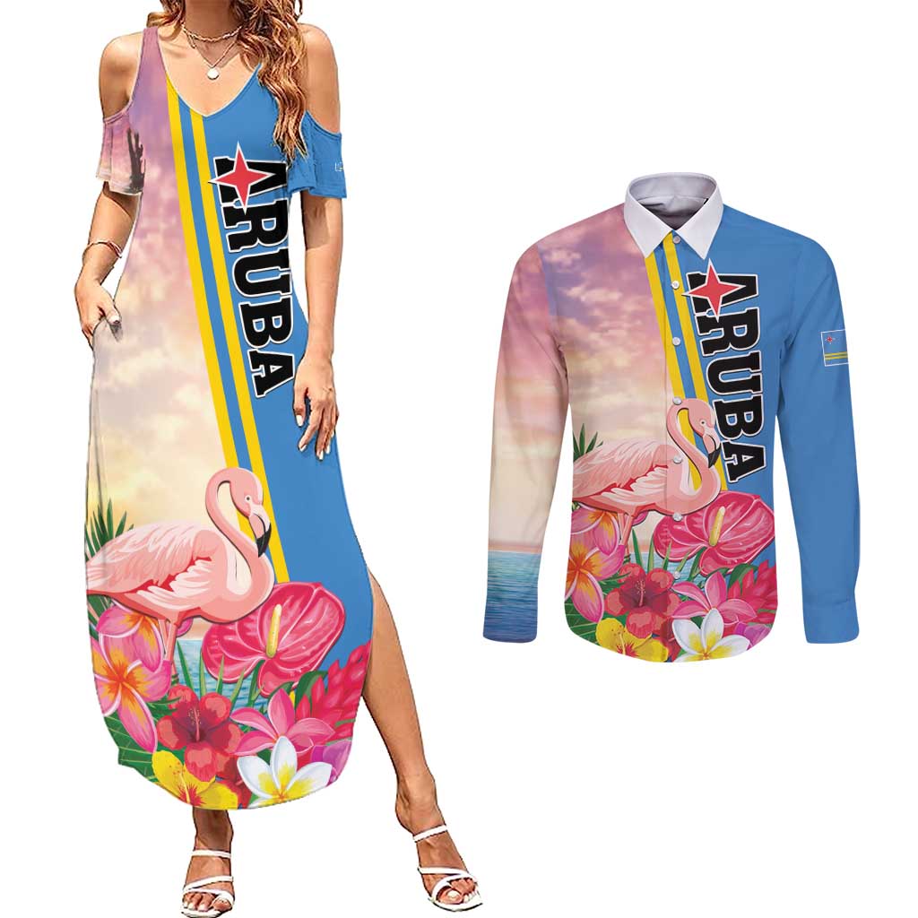 Personalised Aruba Flamingo Couples Matching Summer Maxi Dress and Long Sleeve Button Shirt Tropical Sunset Vibes