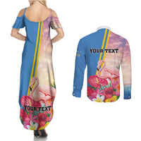 Personalised Aruba Flamingo Couples Matching Summer Maxi Dress and Long Sleeve Button Shirt Tropical Sunset Vibes