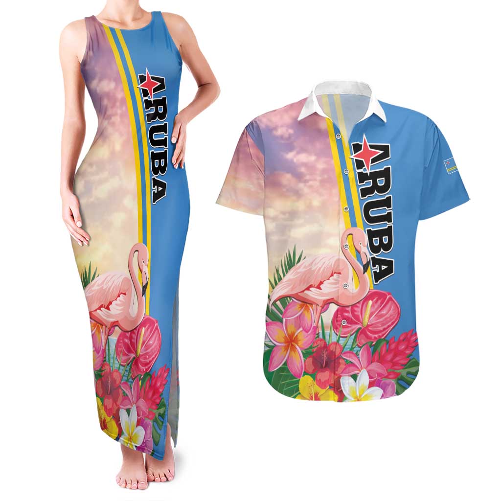 Personalised Aruba Flamingo Couples Matching Tank Maxi Dress and Hawaiian Shirt Tropical Sunset Vibes