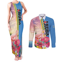 Personalised Aruba Flamingo Couples Matching Tank Maxi Dress and Long Sleeve Button Shirt Tropical Sunset Vibes