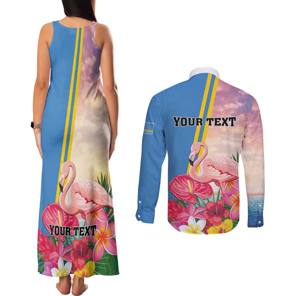 Personalised Aruba Flamingo Couples Matching Tank Maxi Dress and Long Sleeve Button Shirt Tropical Sunset Vibes