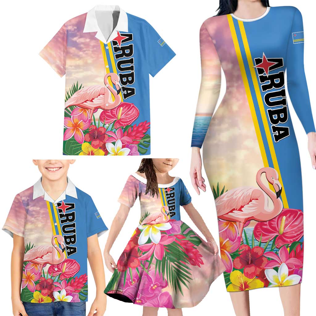 Personalised Aruba Flamingo Family Matching Long Sleeve Bodycon Dress and Hawaiian Shirt Tropical Sunset Vibes