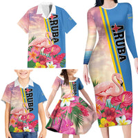 Personalised Aruba Flamingo Family Matching Long Sleeve Bodycon Dress and Hawaiian Shirt Tropical Sunset Vibes