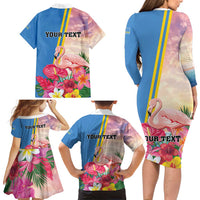 Personalised Aruba Flamingo Family Matching Long Sleeve Bodycon Dress and Hawaiian Shirt Tropical Sunset Vibes