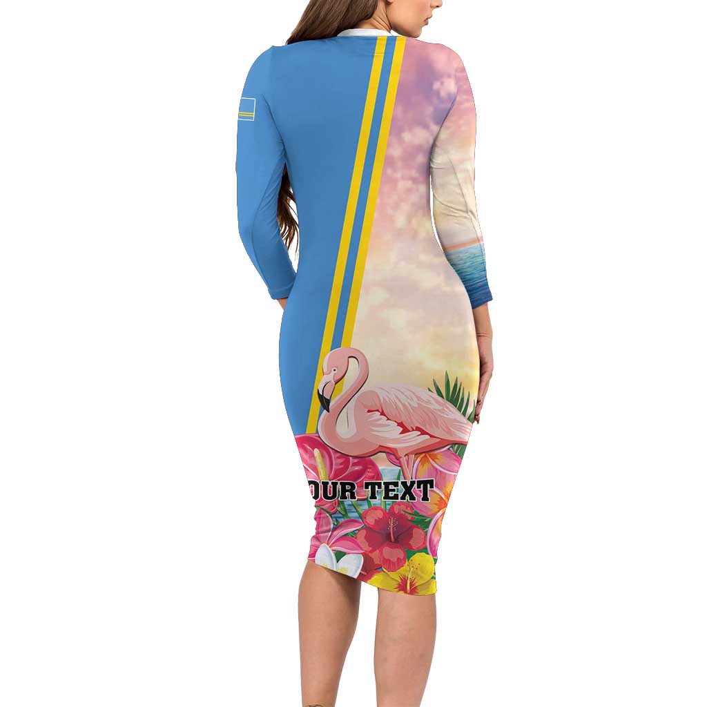 Personalised Aruba Flamingo Family Matching Long Sleeve Bodycon Dress and Hawaiian Shirt Tropical Sunset Vibes