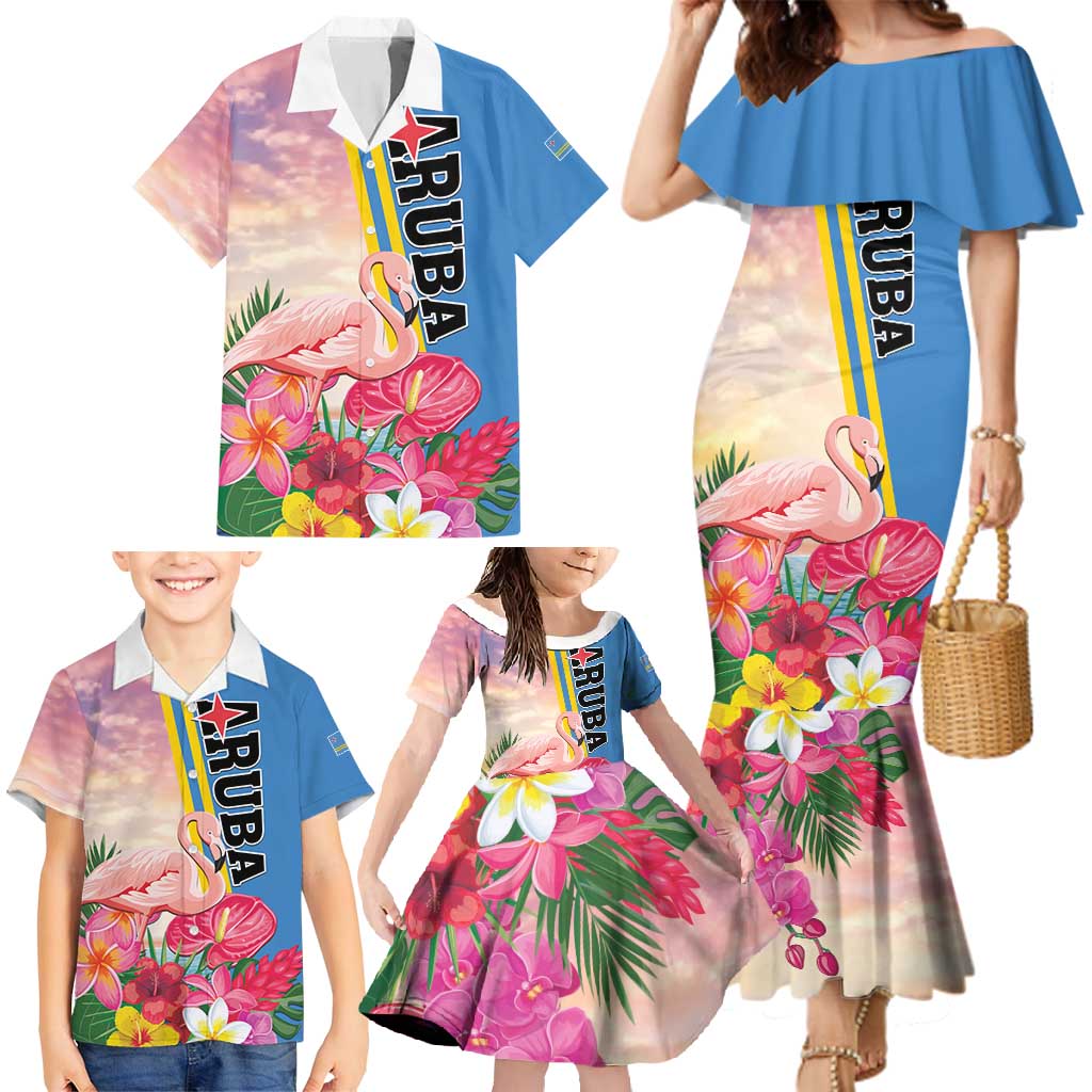 Personalised Aruba Flamingo Family Matching Mermaid Dress and Hawaiian Shirt Tropical Sunset Vibes