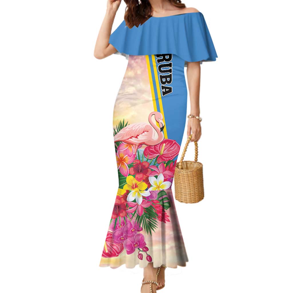 Personalised Aruba Flamingo Family Matching Mermaid Dress and Hawaiian Shirt Tropical Sunset Vibes