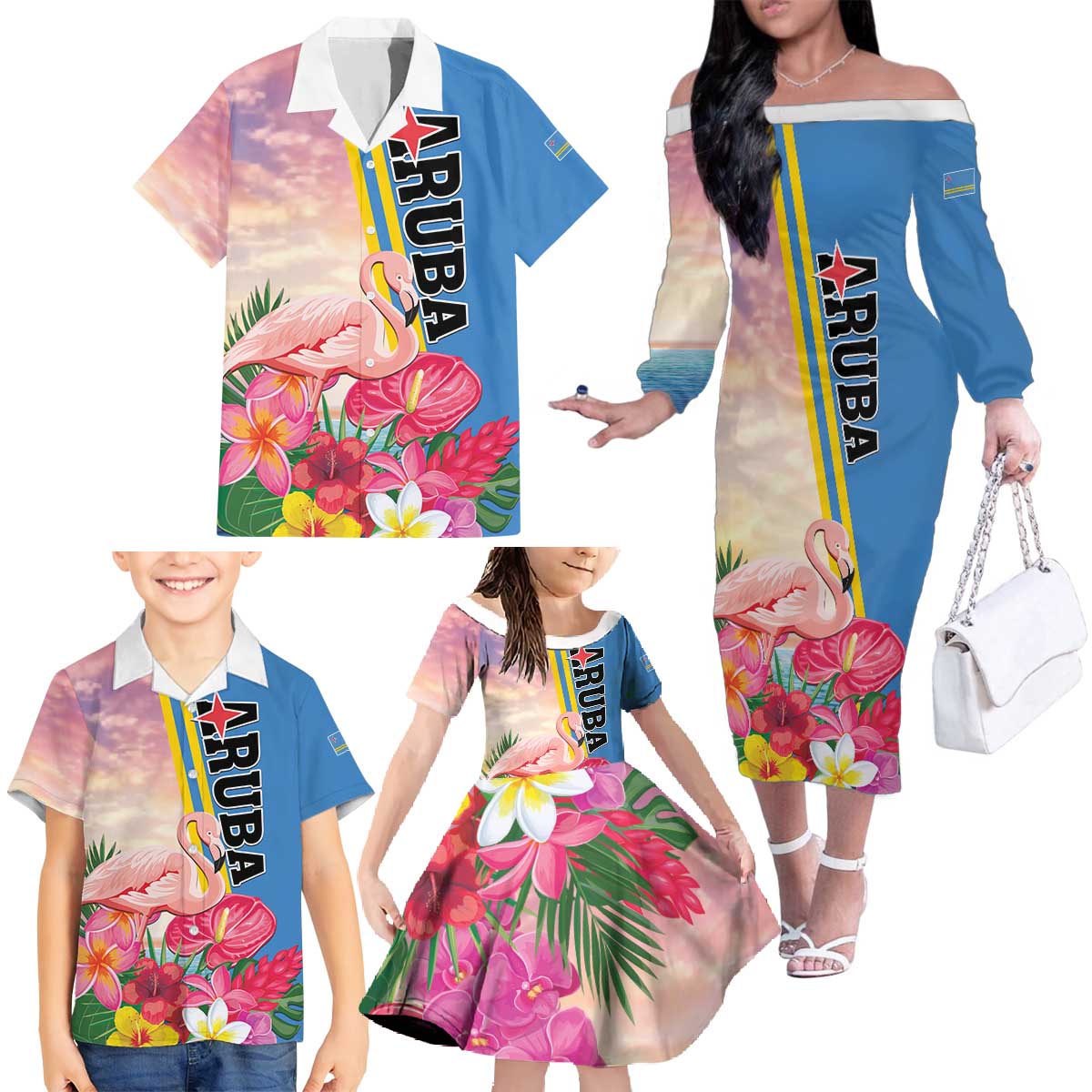 Personalised Aruba Flamingo Family Matching Off The Shoulder Long Sleeve Dress and Hawaiian Shirt Tropical Sunset Vibes