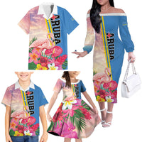 Personalised Aruba Flamingo Family Matching Off The Shoulder Long Sleeve Dress and Hawaiian Shirt Tropical Sunset Vibes