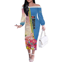 Personalised Aruba Flamingo Family Matching Off The Shoulder Long Sleeve Dress and Hawaiian Shirt Tropical Sunset Vibes