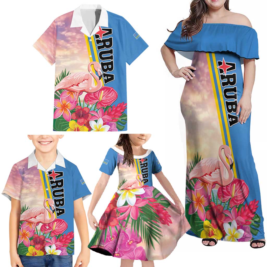 Personalised Aruba Flamingo Family Matching Off Shoulder Maxi Dress and Hawaiian Shirt Tropical Sunset Vibes