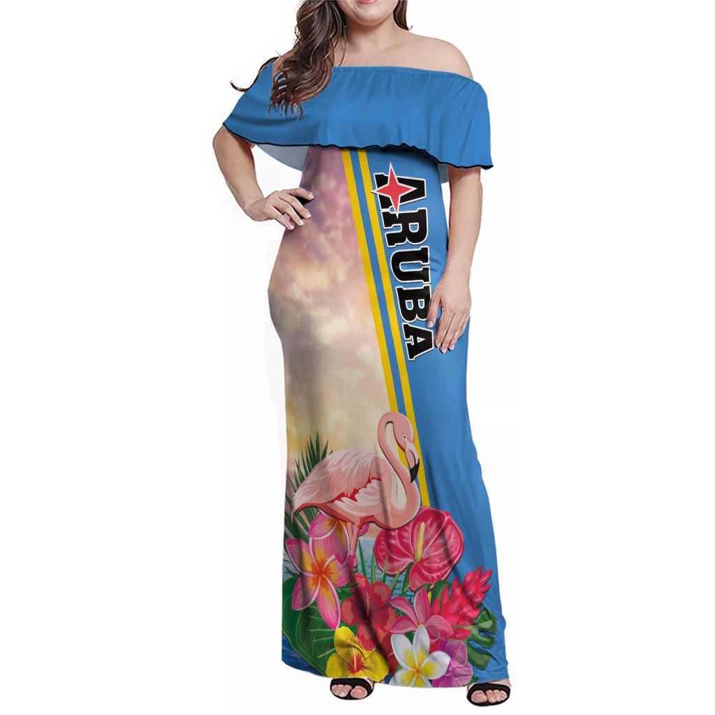 Personalised Aruba Flamingo Family Matching Off Shoulder Maxi Dress and Hawaiian Shirt Tropical Sunset Vibes