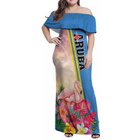 Personalised Aruba Flamingo Family Matching Off Shoulder Maxi Dress and Hawaiian Shirt Tropical Sunset Vibes