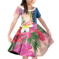 Personalised Aruba Flamingo Family Matching Off Shoulder Short Dress and Hawaiian Shirt Tropical Sunset Vibes