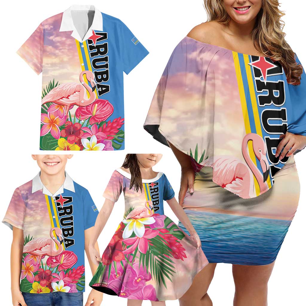 Personalised Aruba Flamingo Family Matching Off Shoulder Short Dress and Hawaiian Shirt Tropical Sunset Vibes