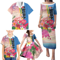 Personalised Aruba Flamingo Family Matching Puletasi and Hawaiian Shirt Tropical Sunset Vibes
