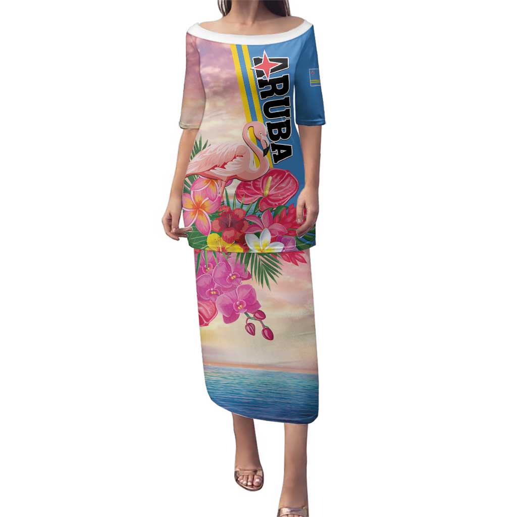 Personalised Aruba Flamingo Family Matching Puletasi and Hawaiian Shirt Tropical Sunset Vibes