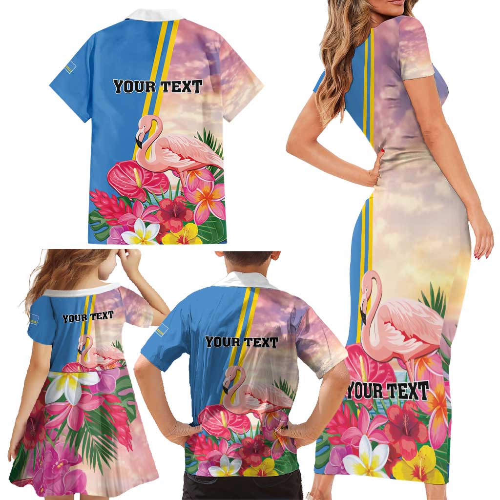 Personalised Aruba Flamingo Family Matching Short Sleeve Bodycon Dress and Hawaiian Shirt Tropical Sunset Vibes