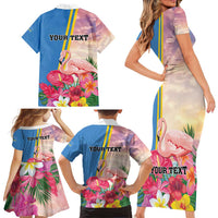Personalised Aruba Flamingo Family Matching Short Sleeve Bodycon Dress and Hawaiian Shirt Tropical Sunset Vibes