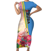 Personalised Aruba Flamingo Family Matching Short Sleeve Bodycon Dress and Hawaiian Shirt Tropical Sunset Vibes