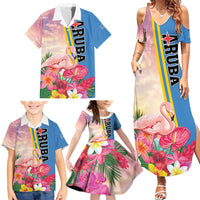 Personalised Aruba Flamingo Family Matching Summer Maxi Dress and Hawaiian Shirt Tropical Sunset Vibes